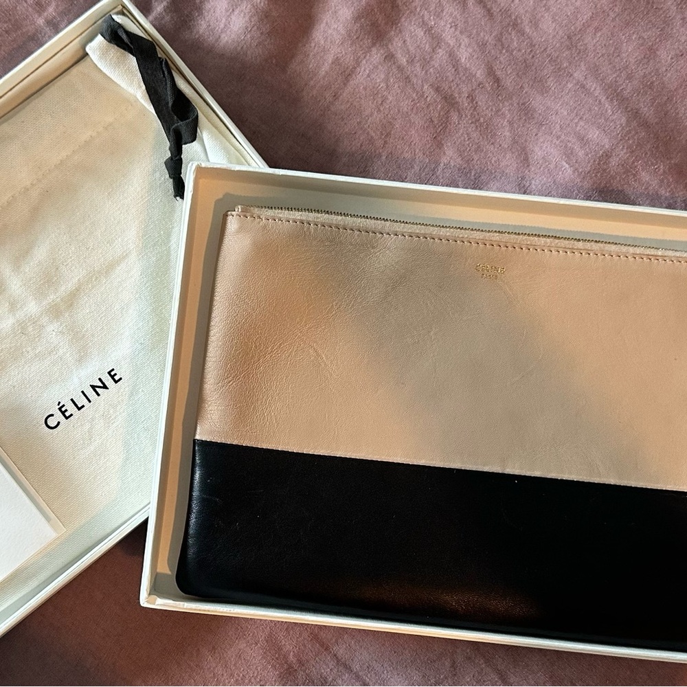 Celine two tone leather clutch pouch - black & beige